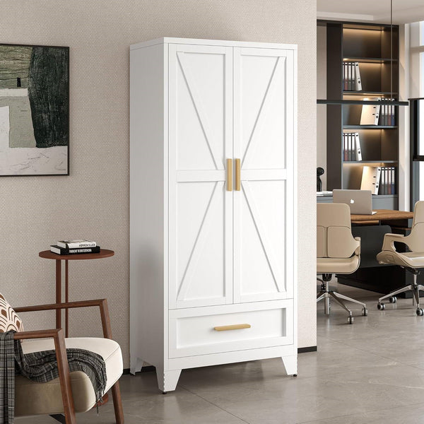 White 2-Door Wardrobe Armoire Cabinet with Storage Drawer and Hanging Rod