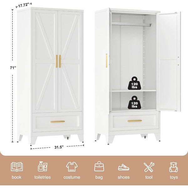 White 2-Door Wardrobe Armoire Cabinet with Storage Drawer and Hanging Rod