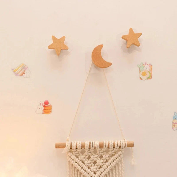 1Pc Star Moon Wooden Hook Multi-Purpose Key Holder Coat Storage Rack Wall Self Adhesive Hook Children Room Decoration Gadgets