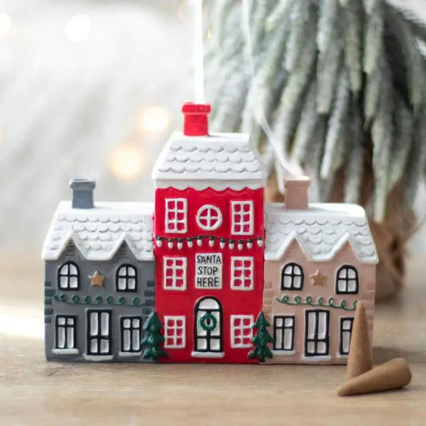Christmas House Incense Burner - Resin Village Log Cabin Chimney Holder for Festive Home Decoration
