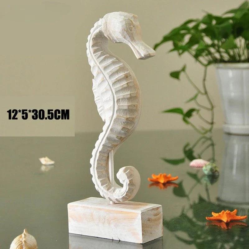 Mediterranean Style Home Decoration Accessories Wooden Crafts Starfish Conch Hippocampus Wood Carving Marine Living Room Decor