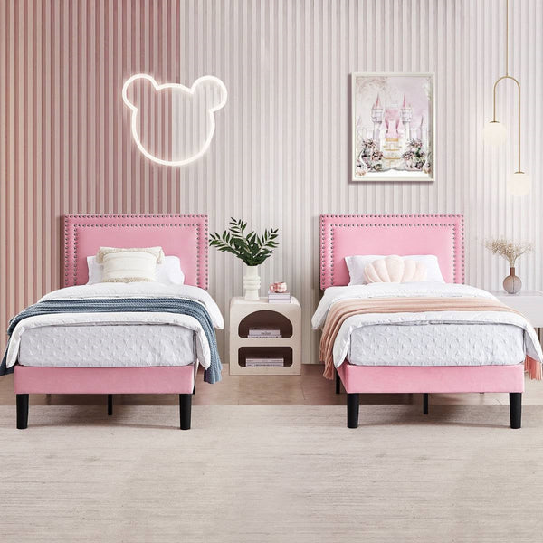 Set of 2 - Twin size Pink Upholstered Platform Bed with Nailhead Trim Headboard