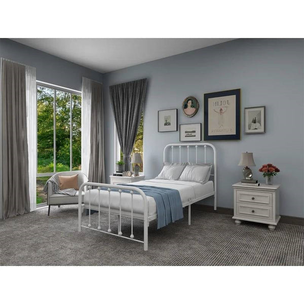 Twin White Metal Bed Frame with Slatted Rounded Corners Headboard and Footboard