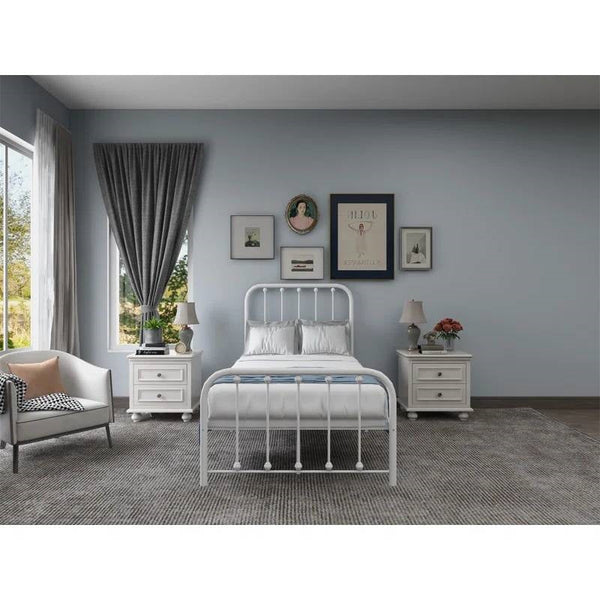 Twin White Metal Bed Frame with Slatted Rounded Corners Headboard and Footboard