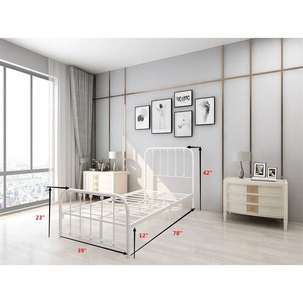 Twin White Metal Bed Frame with Slatted Rounded Corners Headboard and Footboard