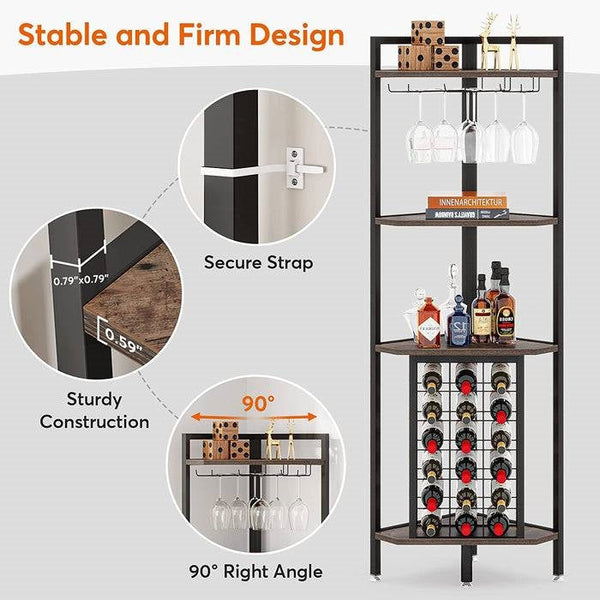 Industrial Corner Wine Rack Storage Shelving Unit with Glass Holders