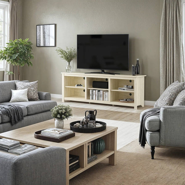 Farmhouse TV Stand in Light Travertine Wood Finish - for TVs up to 70-inch