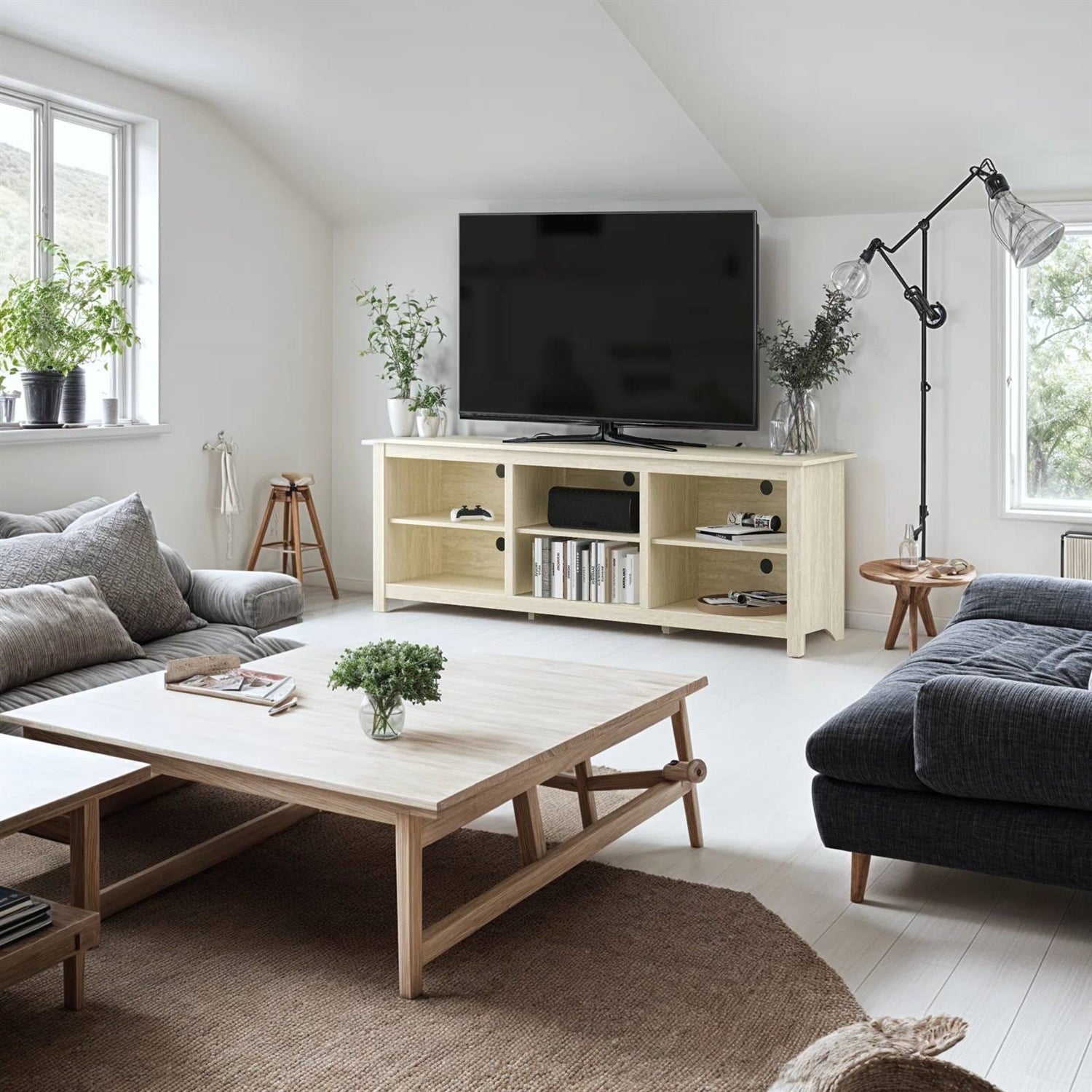 Farmhouse TV Stand in Light Travertine Wood Finish - for TVs up to 70-inch
