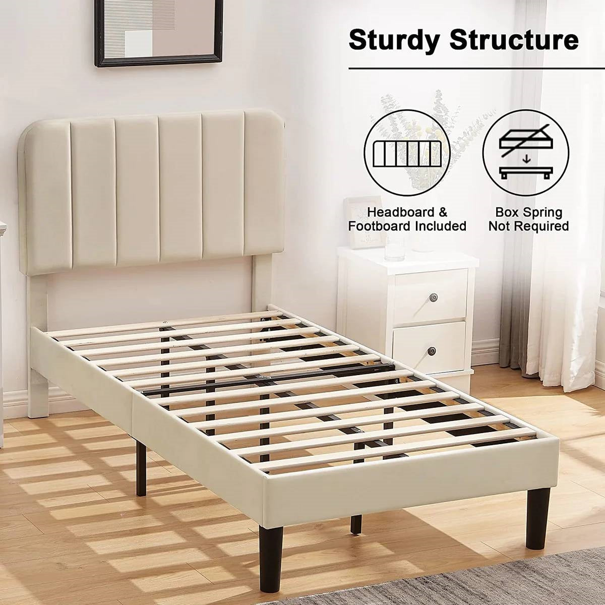 Twin size Beige Upholstered Platform Bed Frame with Headboard
