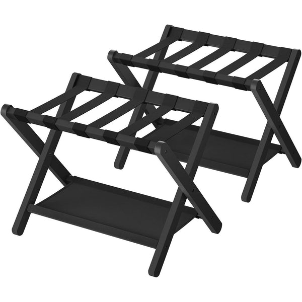Set of 2 - Sturdy Bamboo Luggage Rack in Black Wood Finish with Lower Storage Shelf