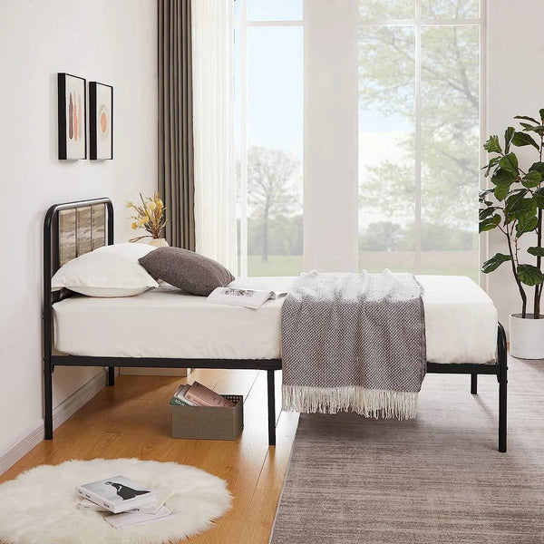 Twin Grey Wood Metal Platform Bed Frame with Rounded Headboard Footboard