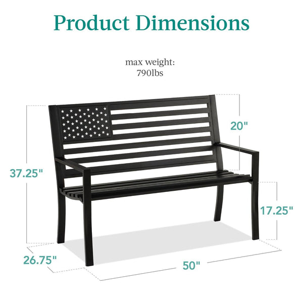 2 Person Patriotic USA Black Metal Bench with American Flag Backrest