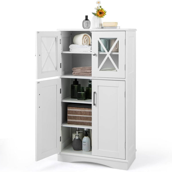White Bathroom Towel Linen Cabinet with Glass Doors and Storage Shelves