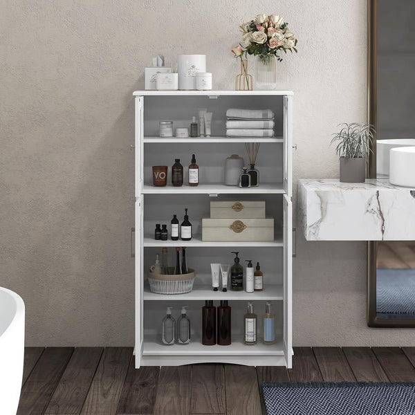 White Bathroom Towel Linen Cabinet with Glass Doors and Storage Shelves