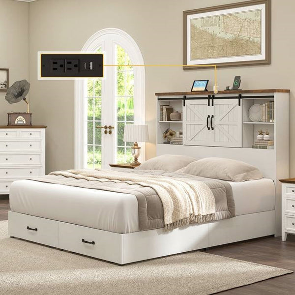 Queen White Farmhouse Platform Bed with Bookcase Headboard and Storage Drawers