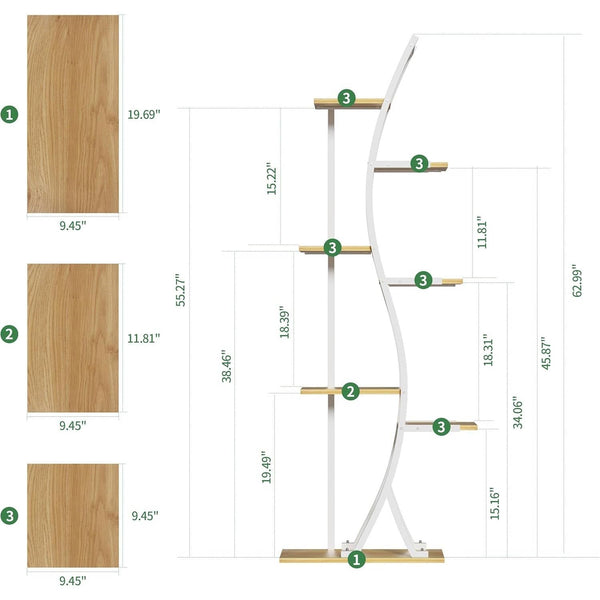 63-inch Tall Indoor Plant Stand with White Metal Frame and Wood Finish Shelves