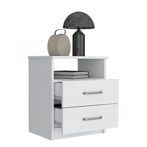 Modern 2-Drawer Nightstand with Open Shelf in White Wood Finish