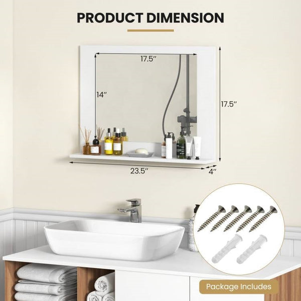 Rectangular Bathroom Wall Mirror with Storage Shelf and White Wood Frame