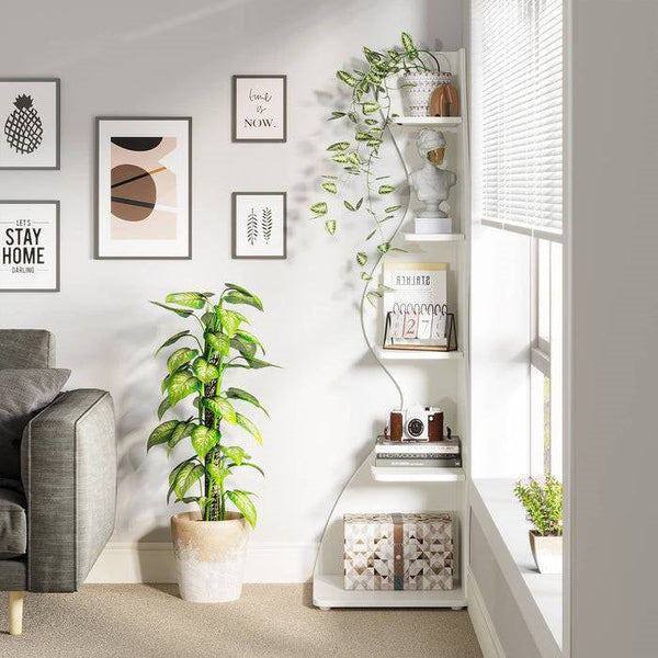 Modern Whimsical 5 Shelf Corner Bookcase Stand White Wood Finish