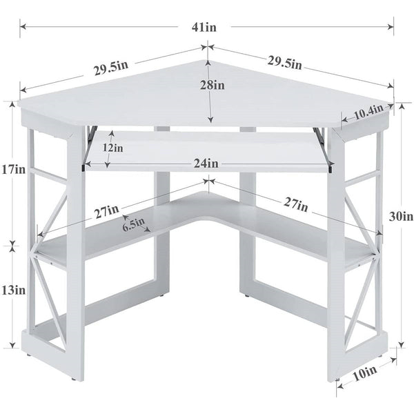 Corner Computer Desk with Keyboard Tray Storage Shelves in White