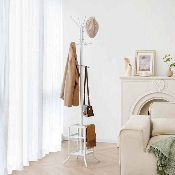 White Metal Coat Rack Entryway Hall Tree with Umbrella Holder