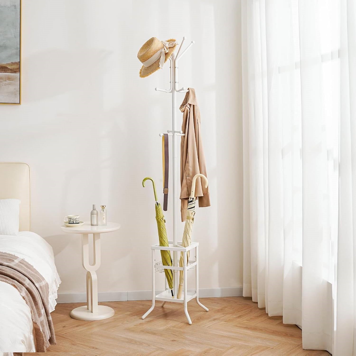 White Metal Coat Rack Entryway Hall Tree with Umbrella Holder