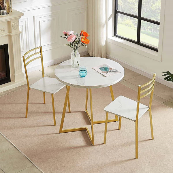3-Piece Kitchen Dining Set with Round White Faux Marble-Top Table and 2 Chairs