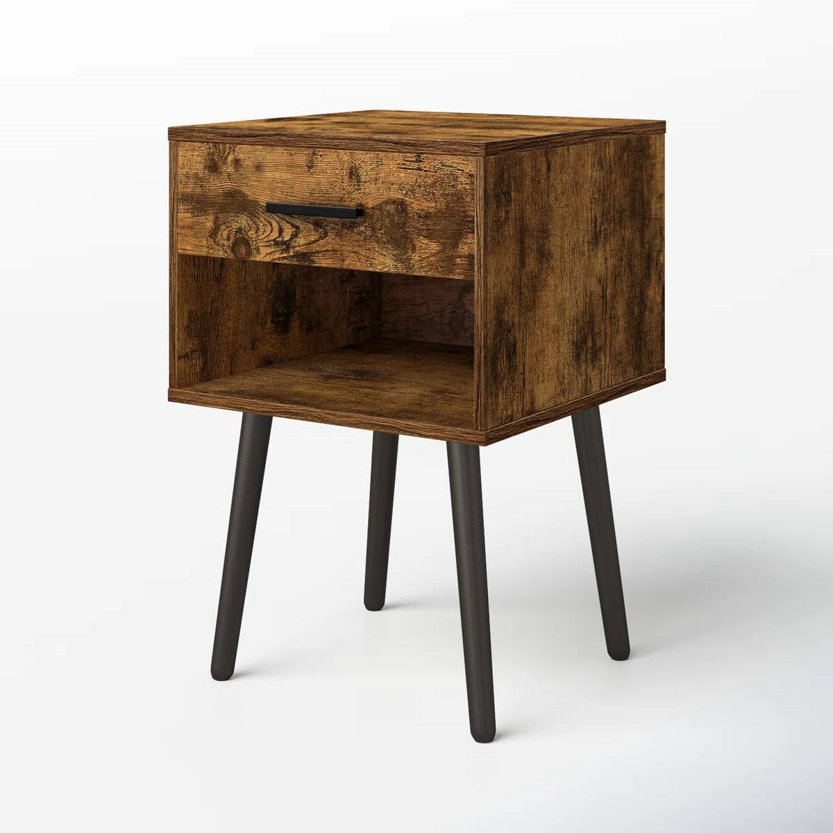 Mid-Century Modern Farmhouse 1-Drawer Nightstand with Open Shelf