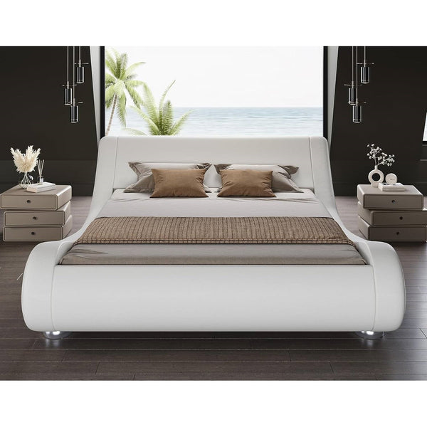 Queen Modern White Upholstered Platform Bed Frame with Sleigh Curved Headboard