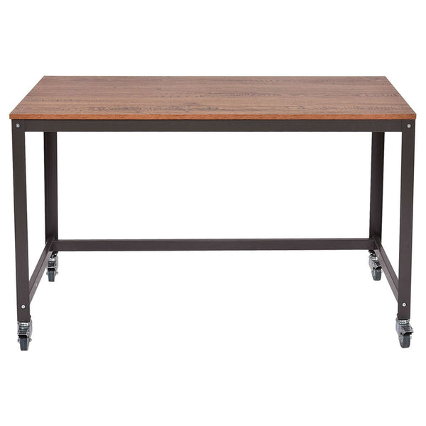 Industrial Modern Steel Frame Wood Top Computer Desk with Locking Wheels