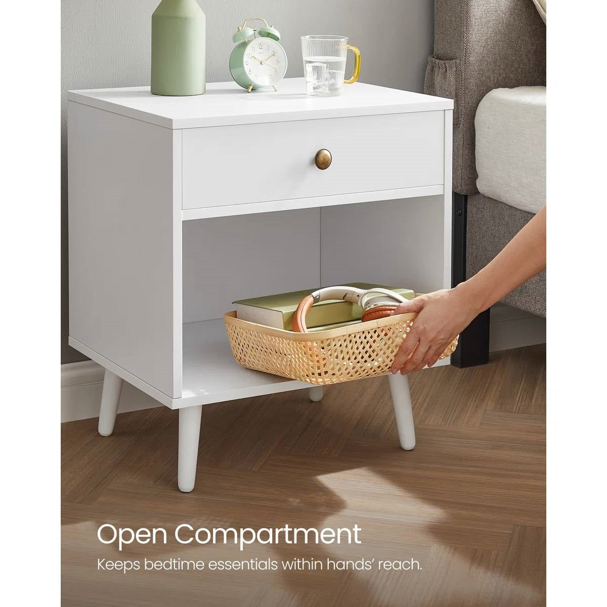 Mid-Century Modern Bedroom 1-Drawer Nightstand End Table in White Wood Finish