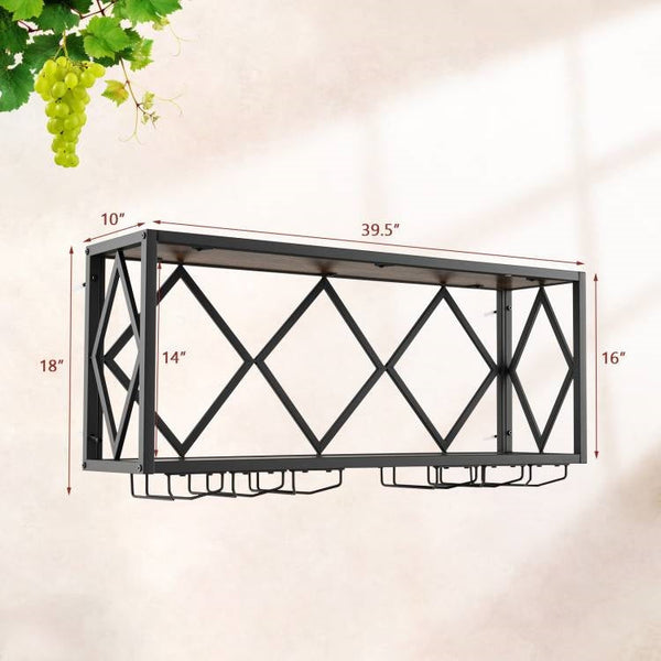 Industrial Rustic Brown Wood Metal Wall Mounted Wine Rack Shelf
