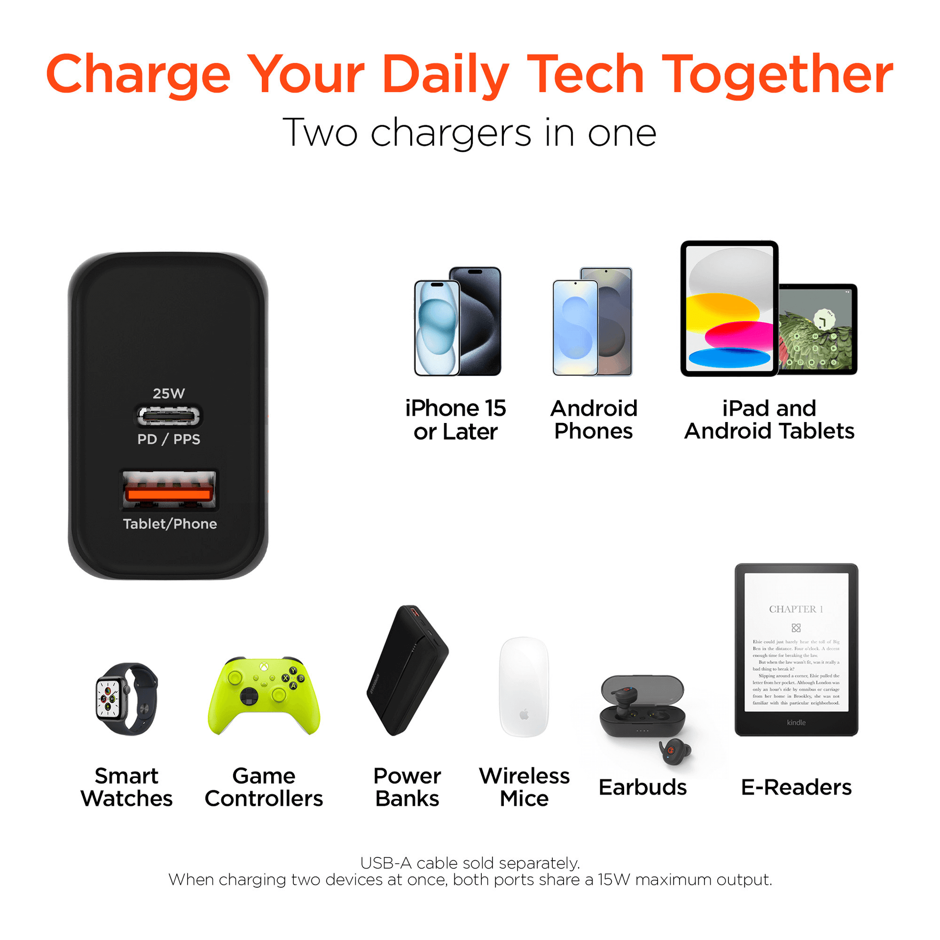 HyperGear SpeedBoost 25W USB-C PD + 12W USB Fast Wall Charger with PPS and 6ft USB-C Cable