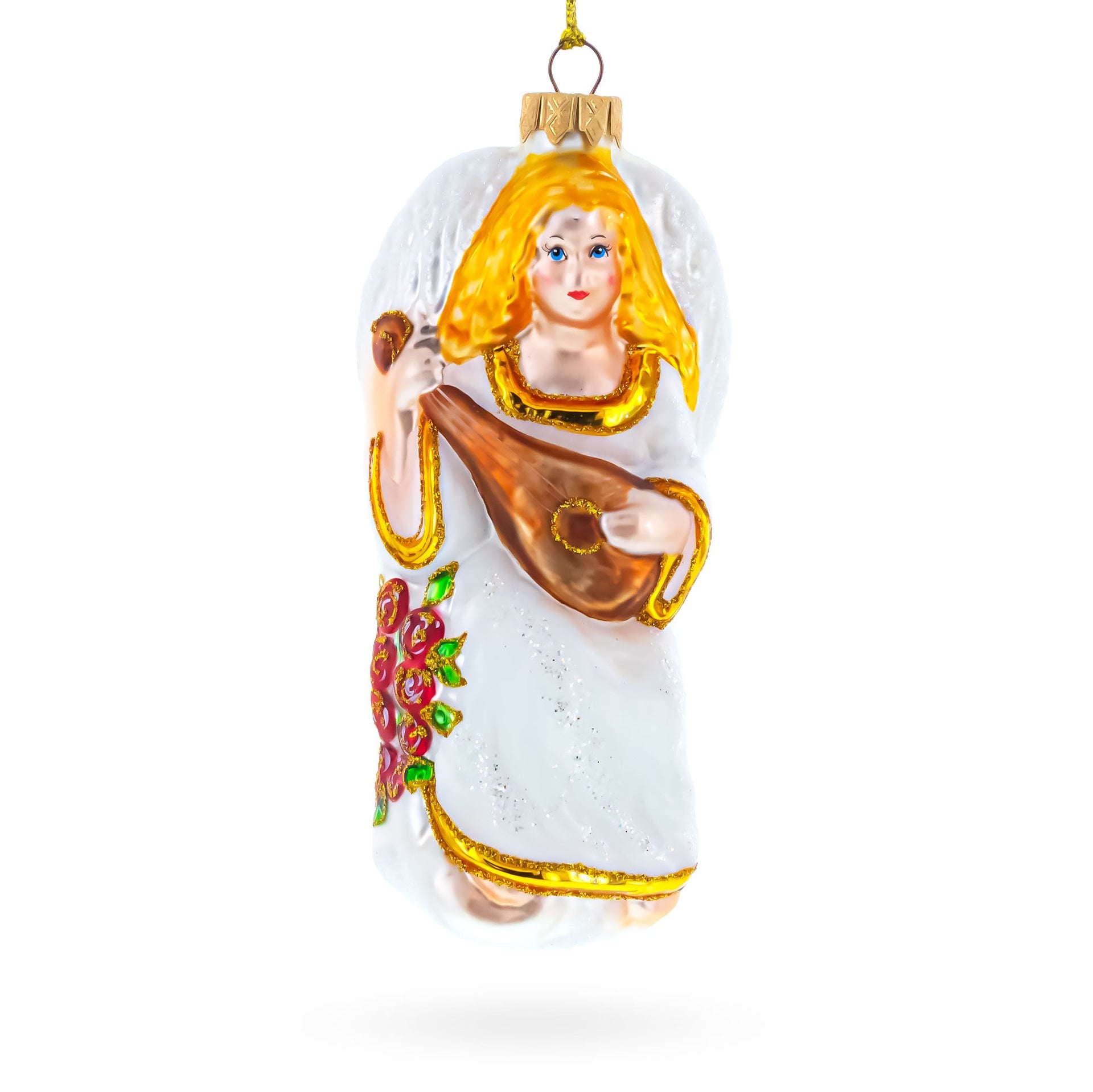 Guardian Angel Playing Mandolin Glass Christmas Ornament