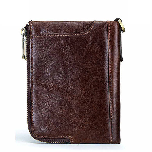 Anti-Theft Brush RFID Genuine Leather Men's Wallet Multifunctional Double Zipper Vertical Wallet Fashion Casual Coin Purse