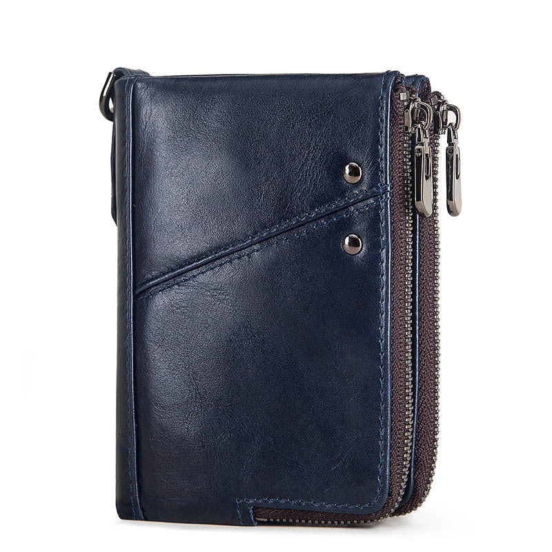 Anti-Theft Brush RFID Genuine Leather Men's Wallet Multifunctional Double Zipper Vertical Wallet Fashion Casual Coin Purse