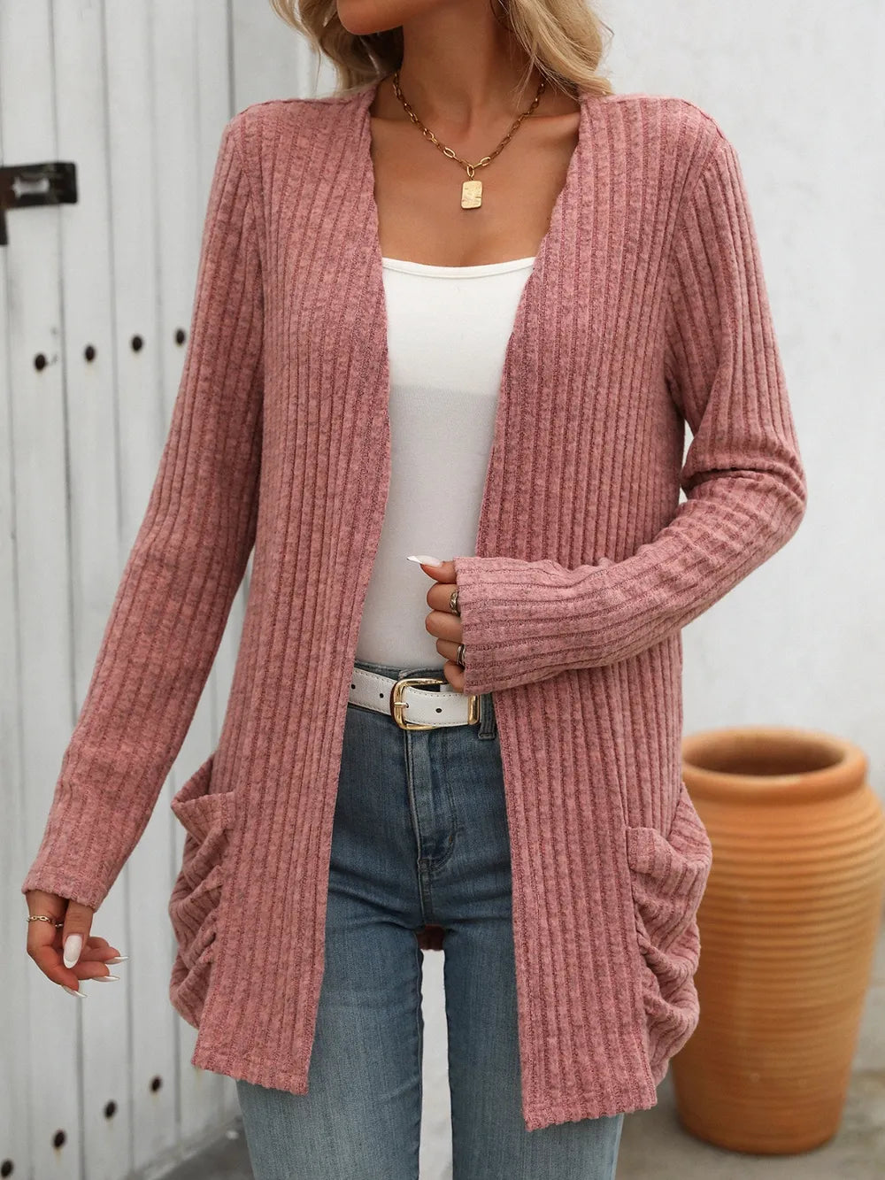 Autumn and winter new solid color pit stripe brushed pocket cardigan long sleeved jacket for women