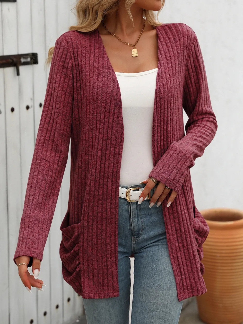 Autumn and winter new solid color pit stripe brushed pocket cardigan long sleeved jacket for women