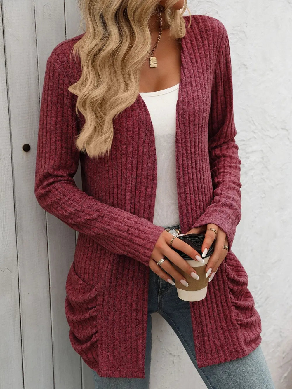 Autumn and winter new solid color pit stripe brushed pocket cardigan long sleeved jacket for women