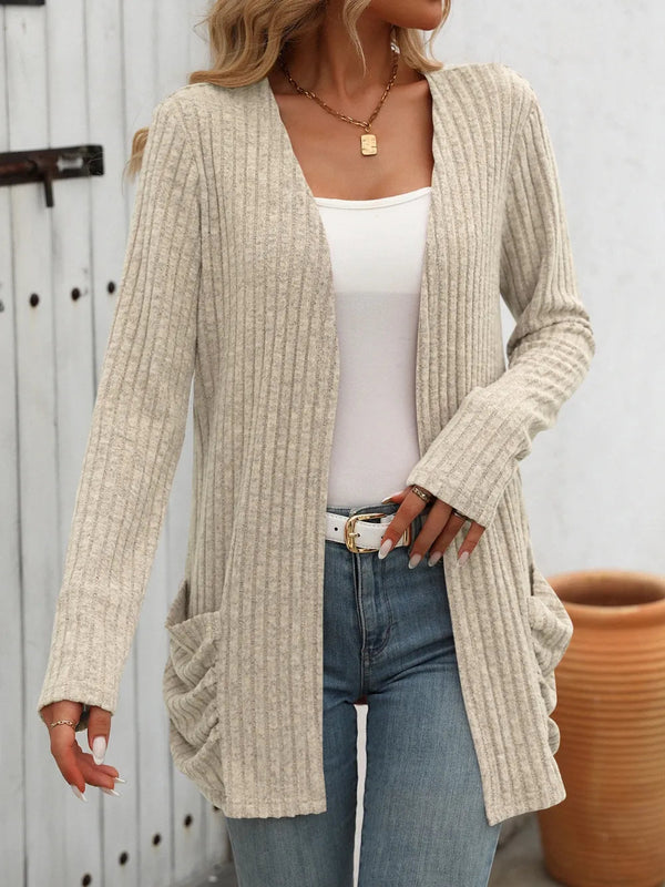 Autumn and winter new solid color pit stripe brushed pocket cardigan long sleeved jacket for women