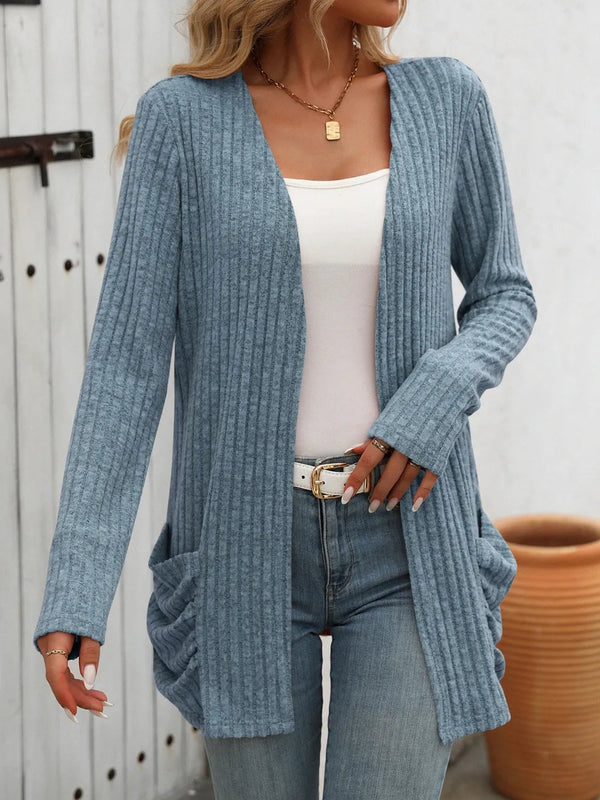 Autumn and winter new solid color pit stripe brushed pocket cardigan long sleeved jacket for women