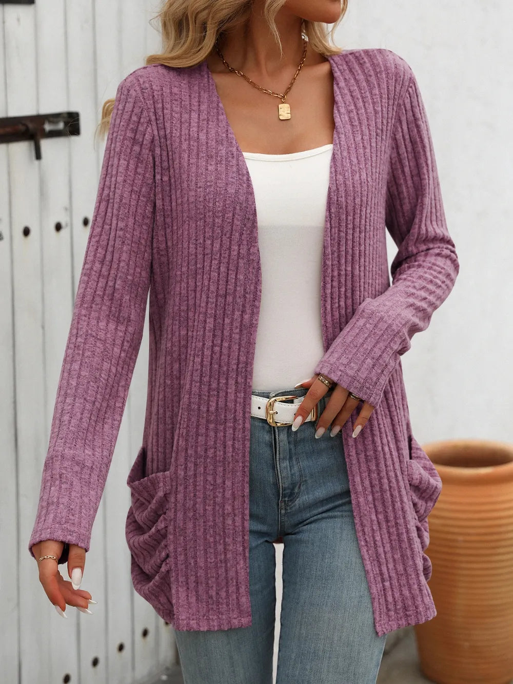 Autumn and winter new solid color pit stripe brushed pocket cardigan long sleeved jacket for women