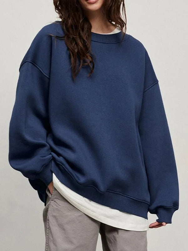 Autumn and winter new solid color round neck loose pullover sweatshirt long sleeved fleece sweater for women