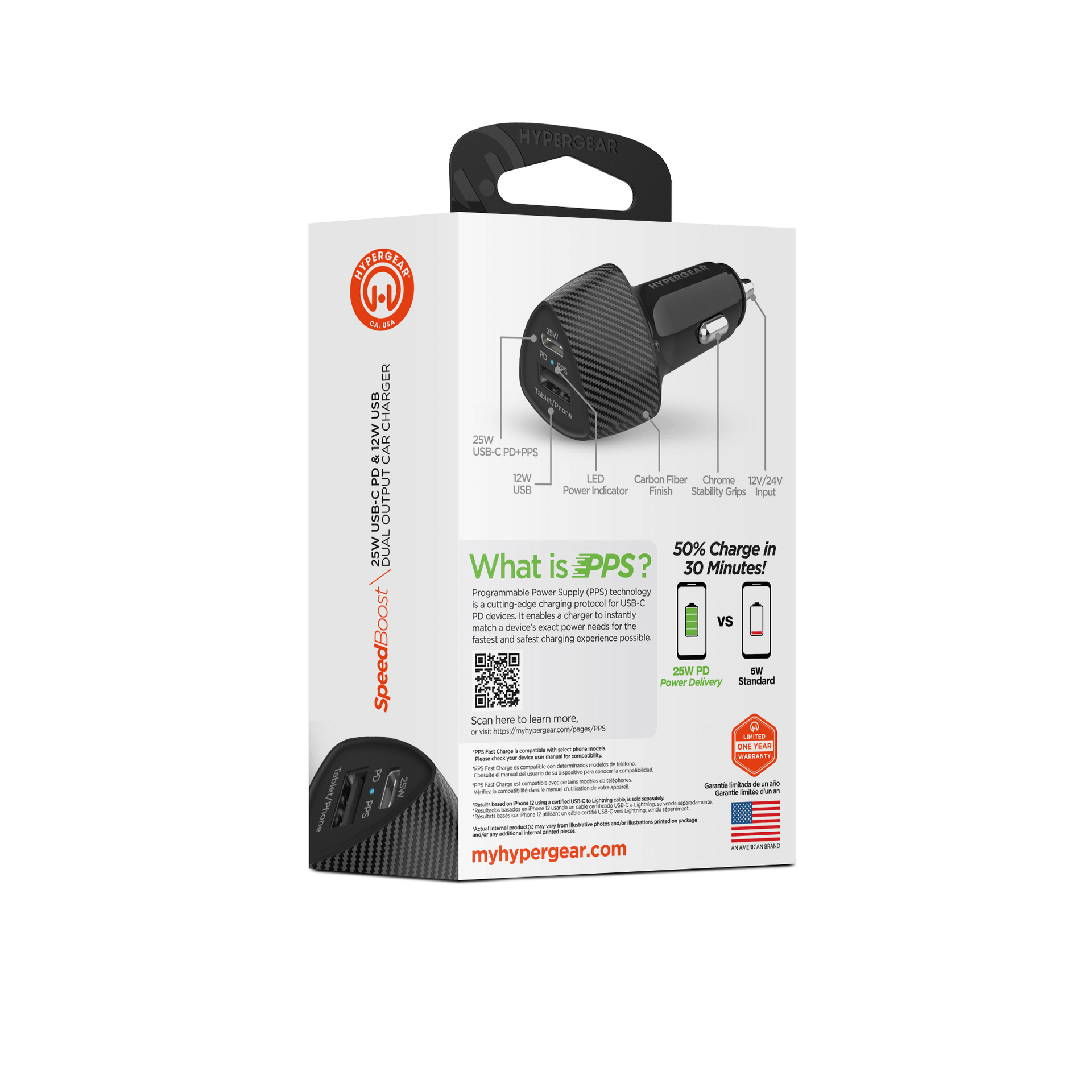 HyperGear SpeedBoost 25W USB-C PD + 12W USB Fast Car Charger with PPS