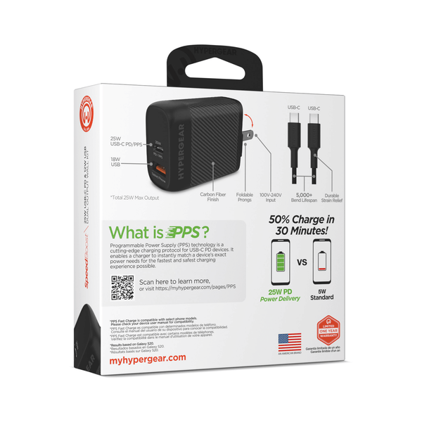 HyperGear SpeedBoost 25W USB-C PD + 12W USB Fast Wall Charger with PPS and 6ft USB-C Cable