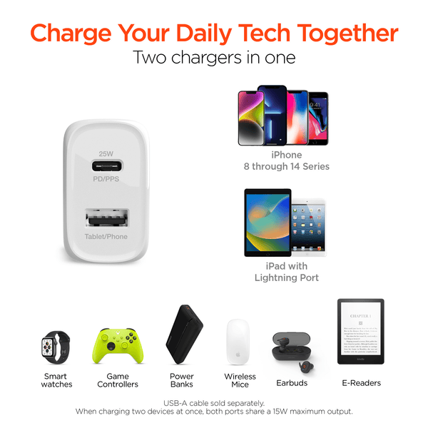 HyperGear SpeedBoost 25W USB-C PD + 12W USB Fast Wall Charger with PPS and 6ft MFi Lightning Cable