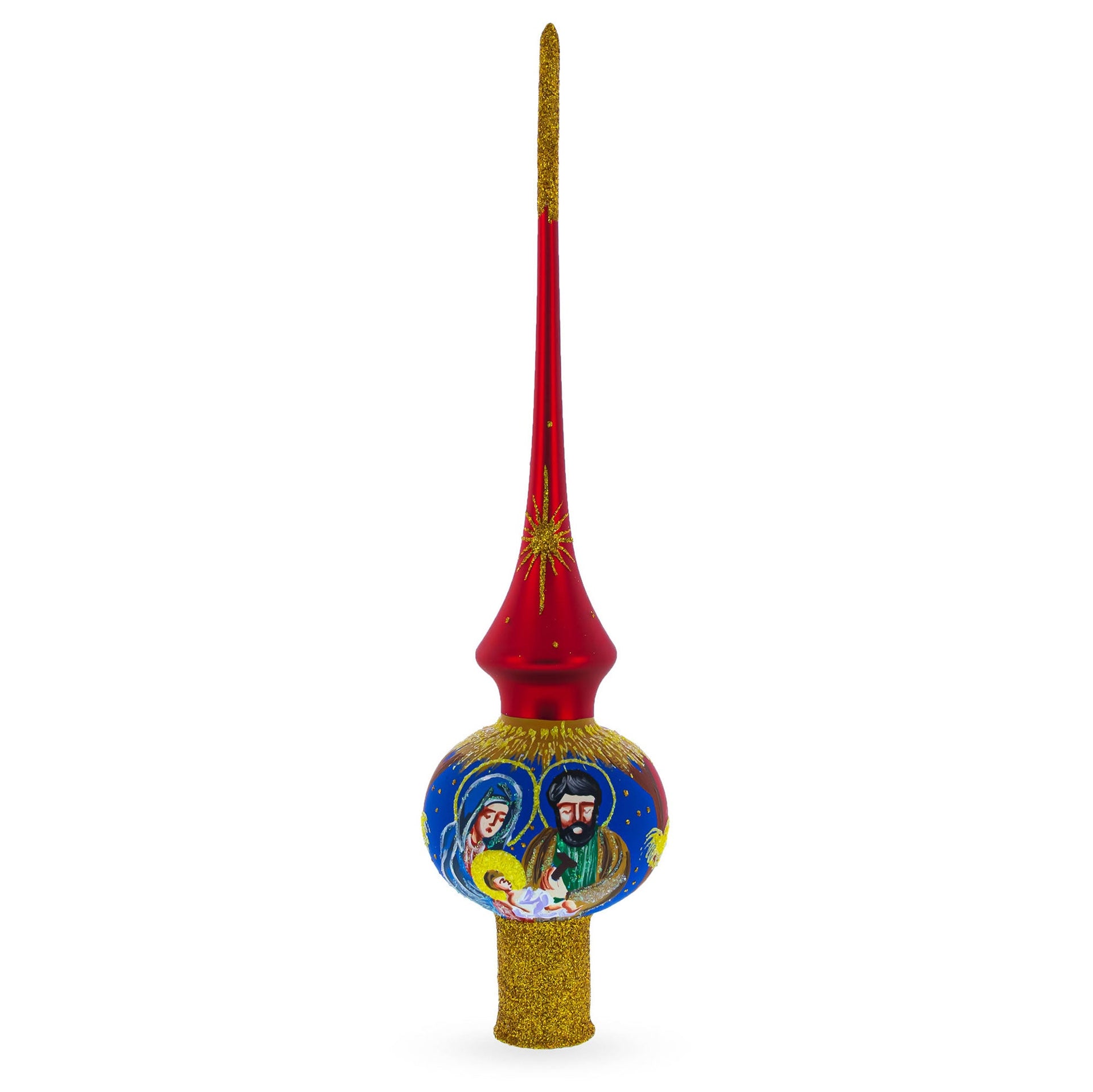 Holy Family Nativity Scene on Red Glass Christmas Tree Topper 11 Inches