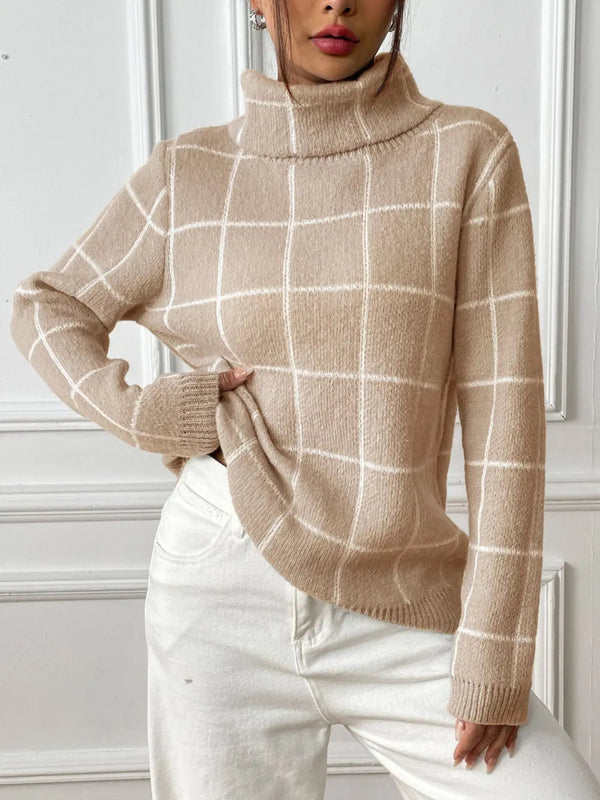 Bottom layer shirt contrasting plaid high neck sweater top