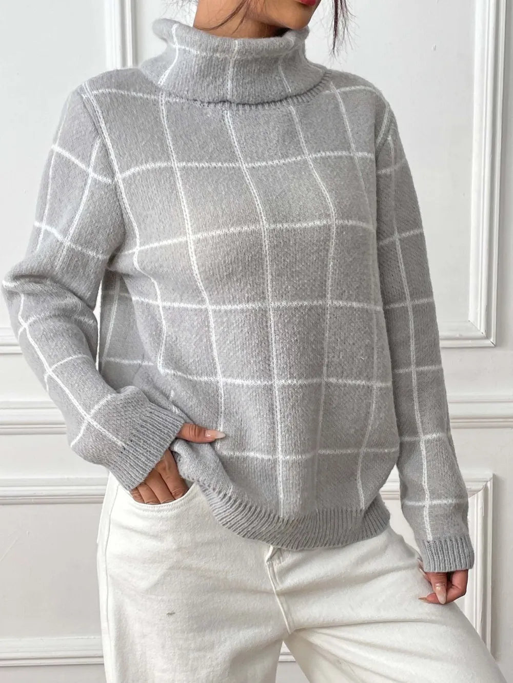 Bottom layer shirt contrasting plaid high neck sweater top
