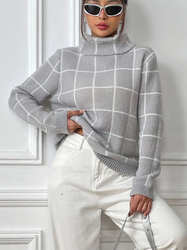 Bottom layer shirt contrasting plaid high neck sweater top